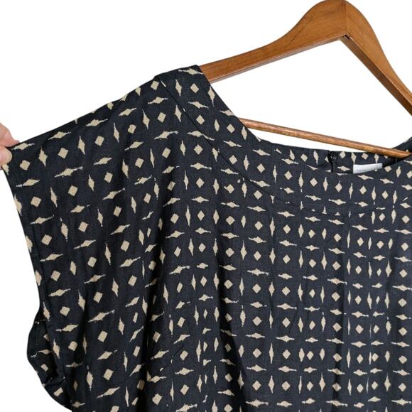 J. Jill 100% Linen Midi Dress Womens Large Black Tan Abstract Geometric Cap Slee - Picture 4 of 10